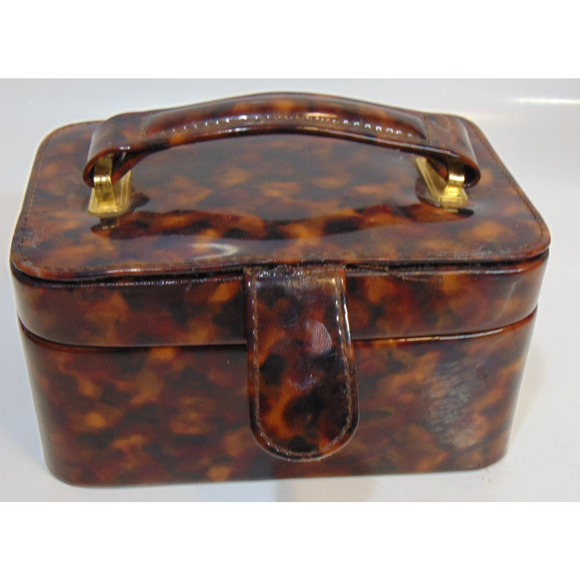 Vintage Travel Jewelry Box Chest Brown Faux Leather Handle Snap Closure Mirror - Picture 2 of 12